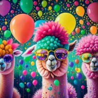 Party alpacas with shades celebrating a party surrounded by balloons.